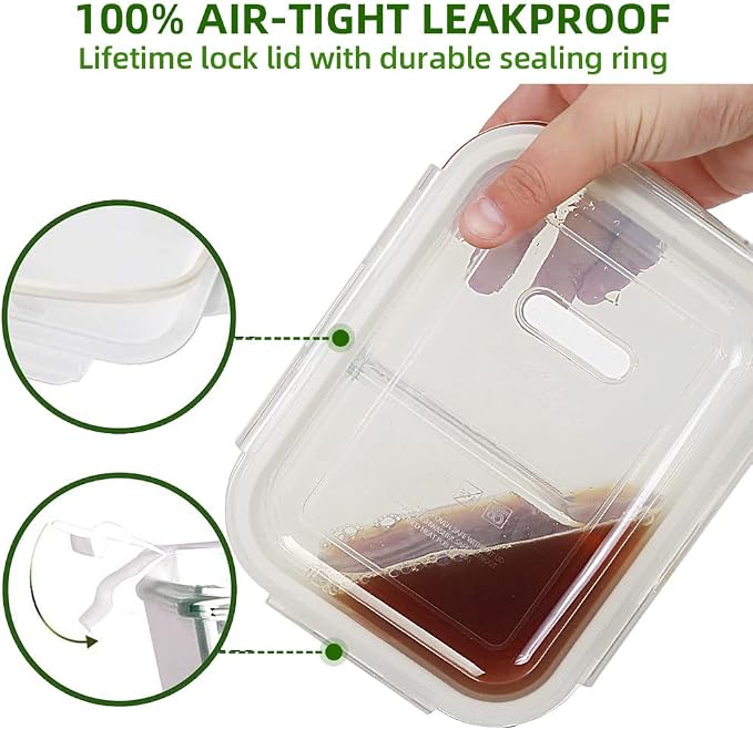 DAS TRUST 3 Pack Glass Food Storage Containers 2 Compartments Glass Meal Prep Containers with Lids for Adult Food Prep Containers with Divider Reusable Lunch Bento Box
