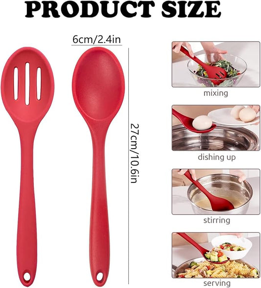 Silicone Cooking Spoons Set of 2,10.6 inch Non Scratch Solid and Slotted Spatula Spoons for Baking, Cooking, Serving, Dishwasher Safe, Heat Resistant Kitchen Utensils (Red)