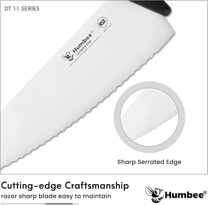 8 Inch Professional Chef Knife with Ergonomic Handle – NSF Certified Stainless Steel Kitchen Knife, Serrated Wave Teeth, Durable and Sharp Blade, DT 11 Series, Black