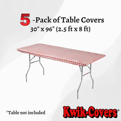 Kwik-Covers 8' Rectangle Plastic Table Covers 30" x 96", Bundle of 5 (Red Gingham)