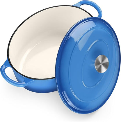 TeamFar Oval Dutch Oven, 5qt Enameled Cast Iron Dutch Oven Pot with Lid, For Bread Baking/Stewing/Braising/Frying, Suitable for Various Stoves, Dual Handles & Easy Cleanup, Blue