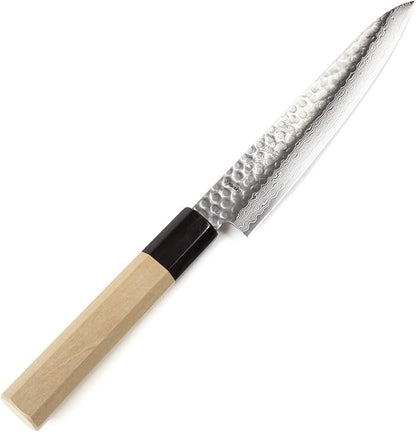 Japanese Petty Knife Hammered Damascus VG-10 46 Layer Octagonal Magnolia Wood Handle, 6-inch (150mm)