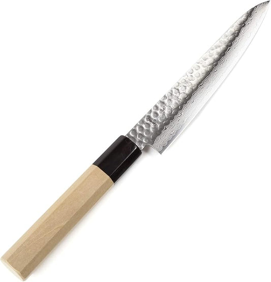 Japanese Petty Knife Hammered Damascus VG-10 46 Layer Octagonal Magnolia Wood Handle, 6-inch (150mm)