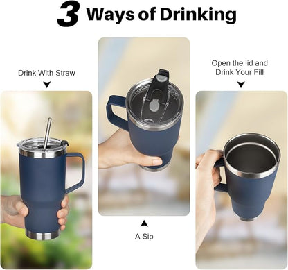 20 oz Tumbler with Handle, Stainless Steel Insulated Tumbler with Lid and Straw, Double Wall Vacuum Coffee Mug Tumbler, Insulated Coffee Thermal Cup for Cold and Hot (Navy Blue)
