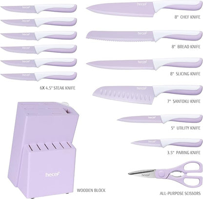hecef 15 Pieces Kitchen Knife Set with Built-in Sharpening Wooden Block, Dishwasher Safe, High Carbon Stainless Steel Knife Block Set with Steak Knives, Kitchen Scissors, Purple