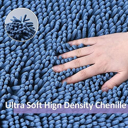 Blue Bathroom Rugs Chenille Bath Mats Set 2 Piece Extra Soft and Absorbent Shaggy Rugs, Machine Wash and Dry, Perfect Plush Bath Mats for Tub, Shower, Bathroom Decor, Washable Carpets Set