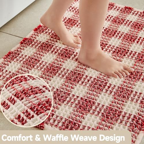 TYUU Christmas Bathroom Rugs, Cute Waffle Bath Mat, 36x24 Red & White