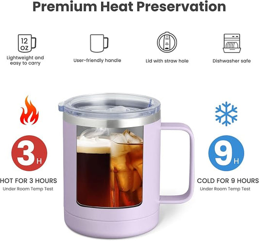 MEWAY 12oz Coffee Mug With Handle 2 Pack Bulk,Stainless Steel Insulated Travel Tumblers With Sliding Lid,Double Wall Vacuum Camping Cup for Hot & Cold Drinks Tea (Lilac&Pink,Set of 2)