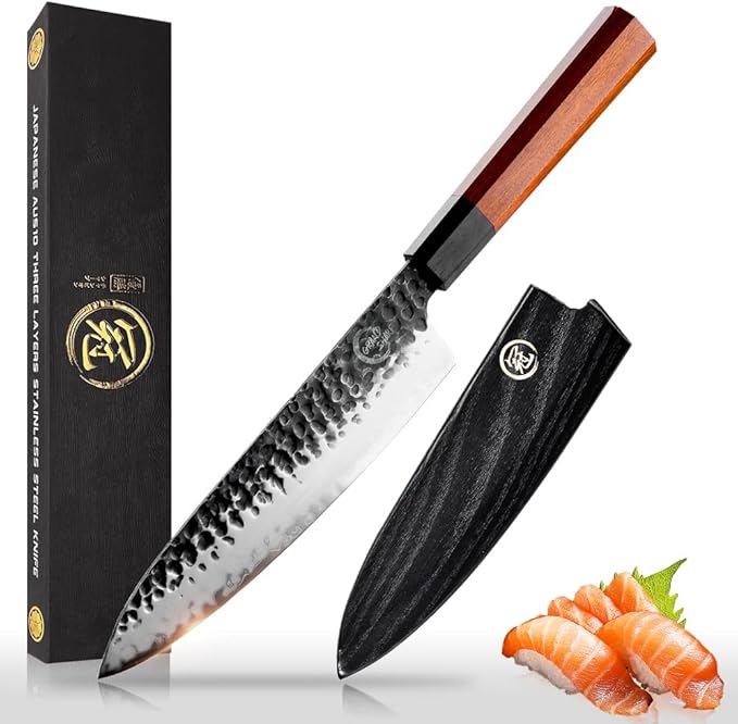 Grandsharp Chef Knife, 8 Inch Kitchen Knife, AUS10 Handmade Forged Pro Japanese Sharp High Carbon 3-layer Steel Meat Sushi Gyuto Cutting Chef's Cleaver-Wooden Sheath–Rosewood Handle
