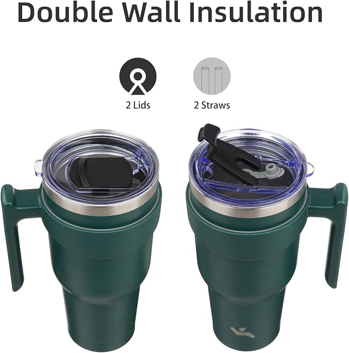 Konokyo 30 oz Tumbler with Handle and 2 Straw 2 Lid, Insulated Water Bottle Stainless Steel Vacuum Cup Reusable Travel Mug,Army Green