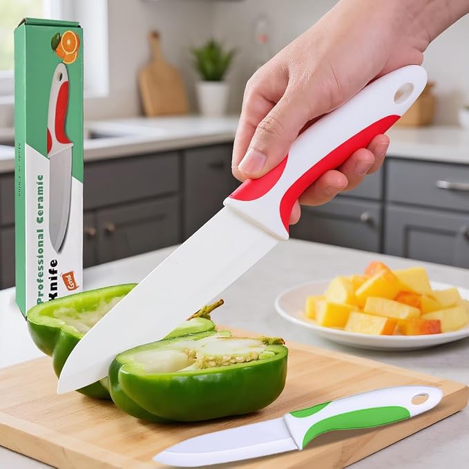2 PCS Professional Ceramic knife 6”Meat knife 4” Fruit Knife,Kitchen knife with Sheaths,Zirconia Blade with Ergonomic Handle,Use for Meat Fruit Vegetable Bread and Butter (Green and Red)