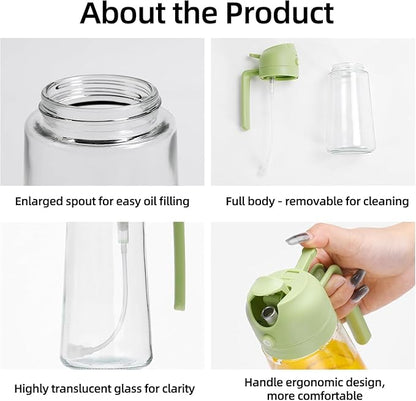 Aovdy Oil Sprayer for Cooking 16oz,2 in 1 Olive Oil Dispenser and Oil Sprayer - 470ml Olive Bottle Spray and Pour - Glass Oil Dispenser for Kitchen Cooking Salad BBQ (2PCS-Black & Green)