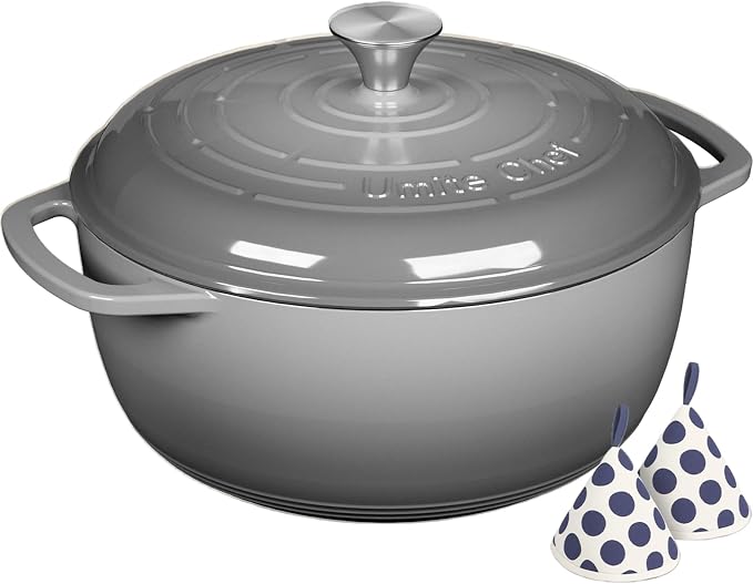 Enameled Cast Iron Dutch Oven - Umite Chef 6QT Pot with Lid & Cotton Potholders - Dual Handles -Versatile Heavy Duty Cookware for Bread Baking, Braising, Stews, Roasting(Grey）
