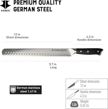 KANKA 12 inch Slicing Carving Knife - Ultra Sharp 1.4116 German Stainless Steel. Premium G10 Hamdle. Gift Box Included