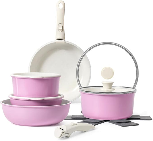 SODAY 15Pcs Pots and Pans Set Non Stick, Cookware Sets with Detachable Handle, Nonstick RV Kitchen Cooking Tools Removable Handles, Oven Safe, Induction Fast, Stackable Induction Cookware,Black
