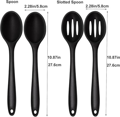 Silicone Cooking Spoon, Nonstick Kitchen Spoons Set for Cooking,Slotted and Solid Serving Spoon Heat Resistant, Silicone Mixing Basting Stirring Spoons for Nonstick Cookware 4 Pack (Black)