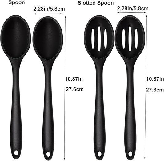 Silicone Cooking Spoon, Nonstick Kitchen Spoons Set for Cooking,Slotted and Solid Serving Spoon Heat Resistant, Silicone Mixing Basting Stirring Spoons for Nonstick Cookware 4 Pack (Black)