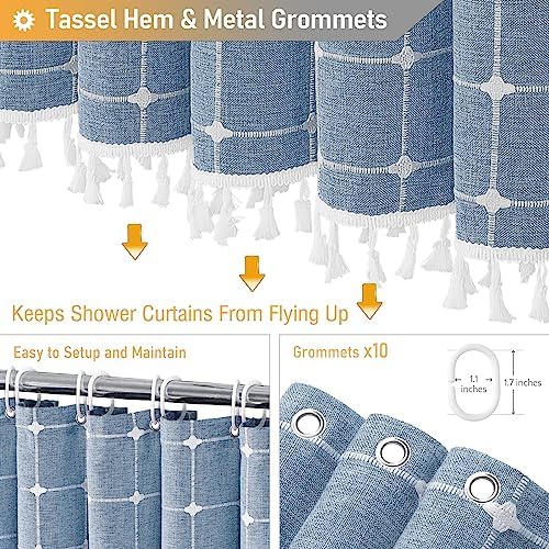 BTTN 54x78 Boho Farmhouse Linen Heavy Duty Fabric Shower Curtain Set, Blue