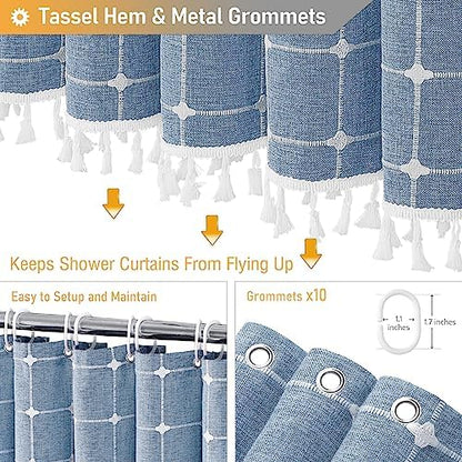 BTTN 54x78 Boho Farmhouse Linen Heavy Duty Fabric Shower Curtain Set, Blue
