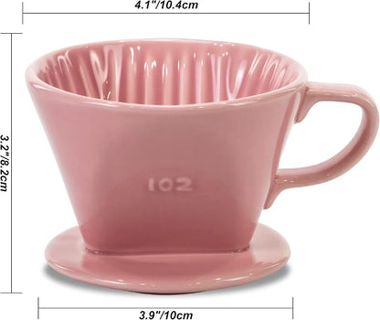 Pour Over Ceramic - Coffee Dripper Ceramic Coffee Maker with 3 Holes Flat Bottom, Porcelain Slow Filter Cone for Travel, Camping, Office, Home, Coffee Maker Brew, Pink