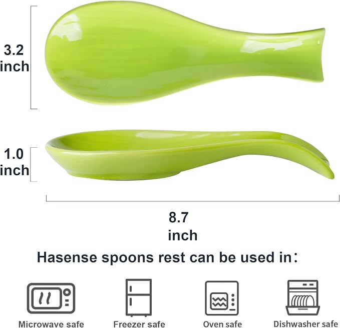 Hasense Spoon Rest for Stove Top, Large Ceramic Spoon Holder for Kitchen Counter, Cooking Utensil Rest for Spatula Ladle and Tong, Utensil Rest for Home and Coffee Bar, Housewarming Gift, Green