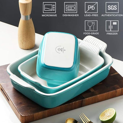 Sweejar Baking Pans Set, Ceramic 9x13 Baking Dish with Handle, Rectangular Casserole Dishes for Oven, Bakeware Sets of 3, Durable Lasagna Pan Deep for Kitchen, Banquet, Wedding Gift(Turquoise)