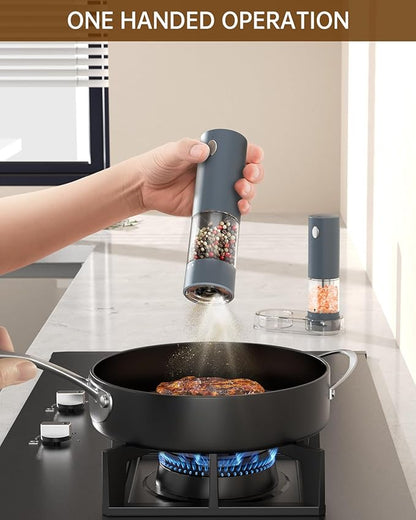 CIRCLE JOY Electric Salt and Pepper Grinder Set Rechargeable Salt and Pepper Mills with Storage Base, Adjustable Coarseness and LED White Light, Washable 95ml Container, Blue