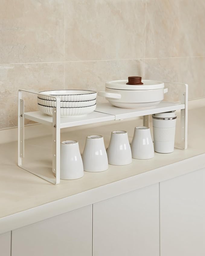 Nxconsu Expandable Cabinet Shelf Organizer Riser, 10.5" 1 Pack White | Heavy-Duty Steel Expandable Shelf Holds 50 lb, 5-Level Stackable Riser for Kitchen Cabinet Cupboard Pantry Counter Under Sink