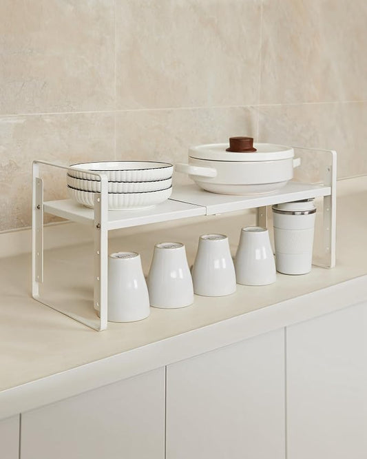 Nxconsu Expandable Cabinet Shelf Organizer Riser, 10.5" 1 Pack White | Heavy-Duty Steel Expandable Shelf Holds 50 lb, 5-Level Stackable Riser for Kitchen Cabinet Cupboard Pantry Counter Under Sink