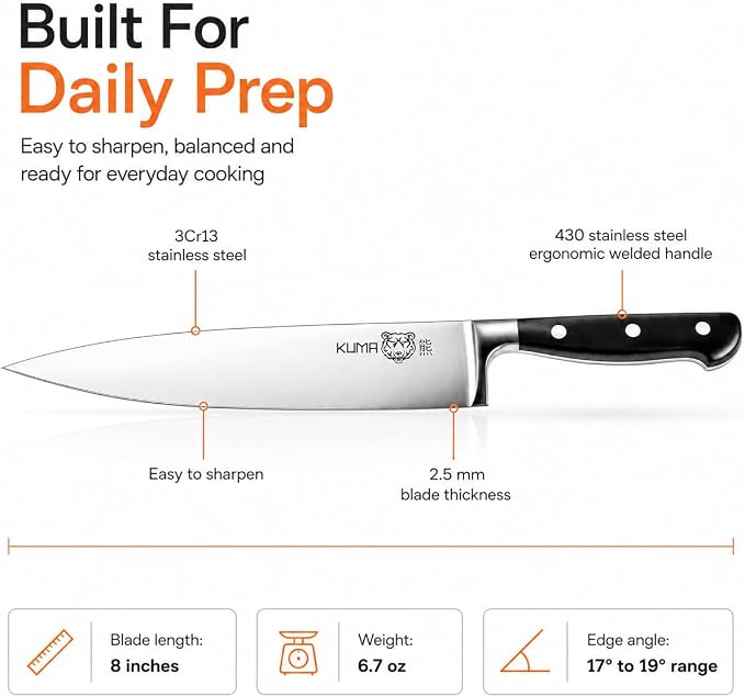 KUMA 8 Inch Chef Knife, Razor Sharp Stainless Steel Blade with Gift Box | ergonomic handle, balanced control, multipurpose kitchen prep, slice, chop, and dice vegetables, herbs, fruit, bonesless meat