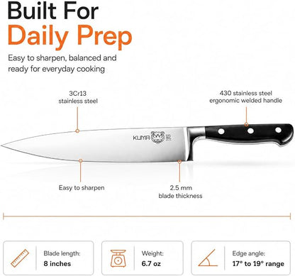 KUMA 8 Inch Chef Knife, Razor Sharp Stainless Steel Blade with Gift Box | ergonomic handle, balanced control, multipurpose kitchen prep, slice, chop, and dice vegetables, herbs, fruit, bonesless meat