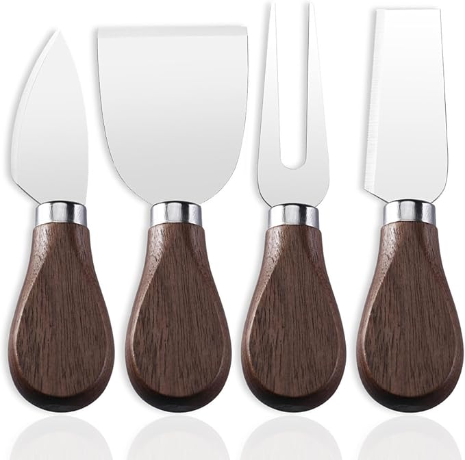 Linwnil 4-Piece Set of Stainless Steel Cheese Knives with Wood Hand, Including Cheese Slicer and Cheese Cutters, Essential Cheese Tools for the Kitchen (Walnut handle, Silver)