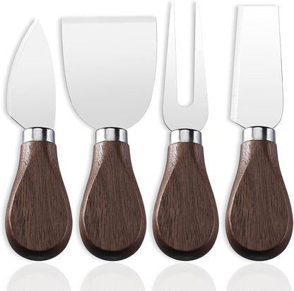 Linwnil 4-Piece Set of Stainless Steel Cheese Knives with Wood Hand, Including Cheese Slicer and Cheese Cutters, Essential Cheese Tools for the Kitchen (Walnut handle, Silver)