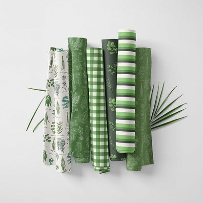 Patchwork Fabric Panel 100x155 cm, 100% Cotton Satin, 6 Coordinated Botanical & Gingham Patterns, Green Nature Quilting & Sewing Fabric (Fresh Herbs, 6pcs 50x50cm)