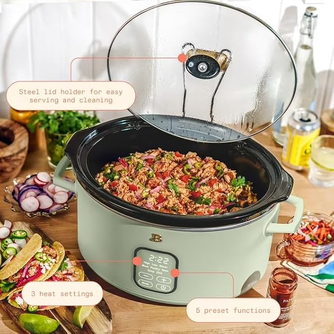 B 6 Qt Programmable Slow Cooker with Digital Timer, 5 Cooking Functions, Removable Ceramic Pot, Tempered Glass Lid, Dishwasher Safe (Sage Green)