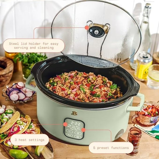 B 6 Qt Programmable Slow Cooker with Digital Timer, 5 Cooking Functions, Removable Ceramic Pot, Tempered Glass Lid, Dishwasher Safe (Sage Green)