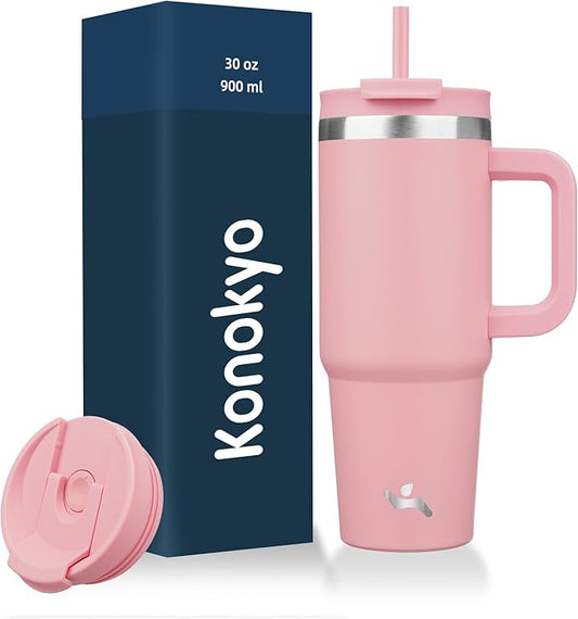 Konokyo 30 oz Tumbler with Handle and 2 Straws,2 in 1 Lid Insulated Water Bottle Stainless Steel Travel Coffee Mug,Pink