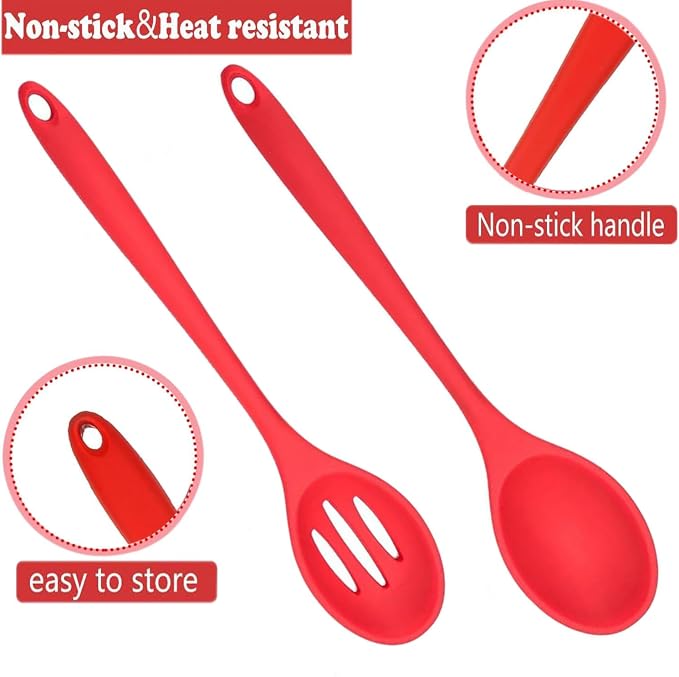 4PCS Kitchen Silicone Cooking Spoon,Nonstick Mixing Serving Spoons Set for Cooking,Slotted and Solid Serving Spoon Heat Resistant,Silicone Mixing Basting Stirring Spoons for Bake Stir Cookware (Red)