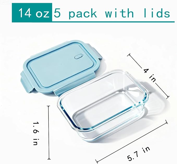 5Pack (14oz with Lunch Bag) Glass Food Storage Containers with Lids for Kitchen Meal Prep, Fridge Organization, Lunch Box