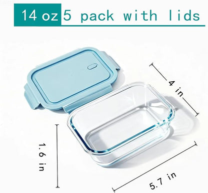 5Pack (14oz with Lunch Bag) Glass Food Storage Containers with Lids for Kitchen Meal Prep, Fridge Organization, Lunch Box