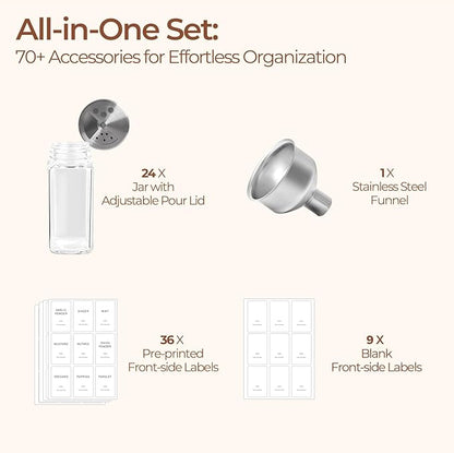 ComSaf Aesthetic Minimalist Spice Jars Set with Adjustable Shaker Lids, 4oz 24PCS Glass Spice Containers with 45 Labels, Square Condiment Jars for Kitchen Organization, Salt and Pepper Seasoning Set