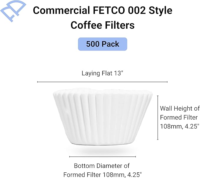 13" x 5" Commercial Coffee Filters - 500 COUNT- FETCO 002 Style - Compatible with Single & Double Pot Brewers - FSC Certified Pure Paper