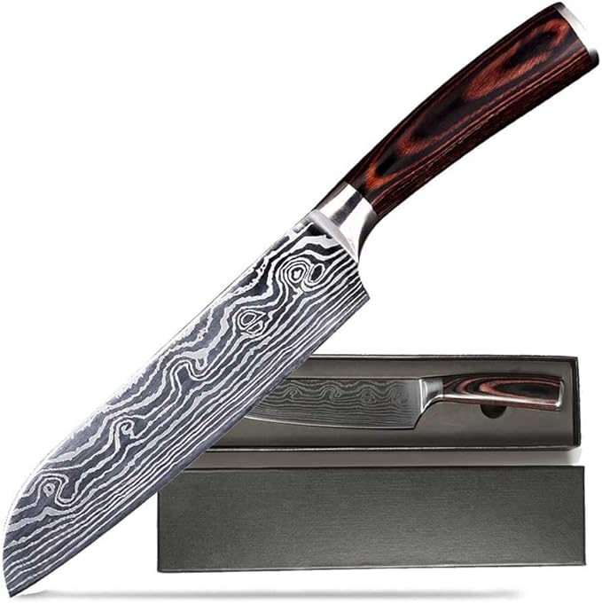 Damascus Chef Knife Set. Professional Japanese High Carbon Steel. 7Cr17mov Blade. Ergonomic comfort Woden Handle. 7 Inch