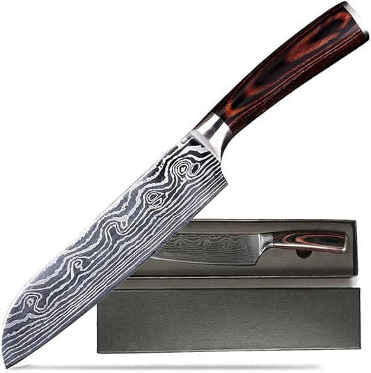 Damascus Chef Knife Set. Professional Japanese High Carbon Steel. 7Cr17mov Blade. Ergonomic comfort Woden Handle. 7 Inch