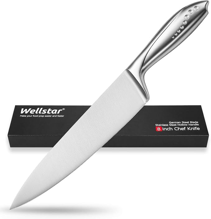 WELLSTAR Chef Knife 8 Inch, Razor Sharp German Stainless Steel Blade with Comfortable SS Hollow Finger Guard Handle for Kitchen Meat Sushi Vegetable Fruit Cutting Slicing Dicing, Gift Box