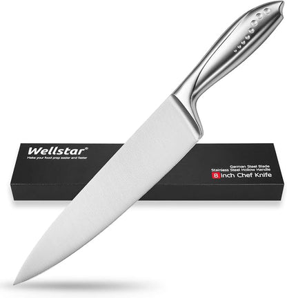 WELLSTAR Chef Knife 8 Inch, Razor Sharp German Stainless Steel Blade with Comfortable SS Hollow Finger Guard Handle for Kitchen Meat Sushi Vegetable Fruit Cutting Slicing Dicing, Gift Box