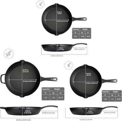Cast Iron Skillet Set of 3 (6" 8" 10"), Pre-Seasoned | Lighter-weight starter set: 6" individual, 8" breakfast, 10" everyday. No lids. Induction & oven safe. Beginner-friendly.