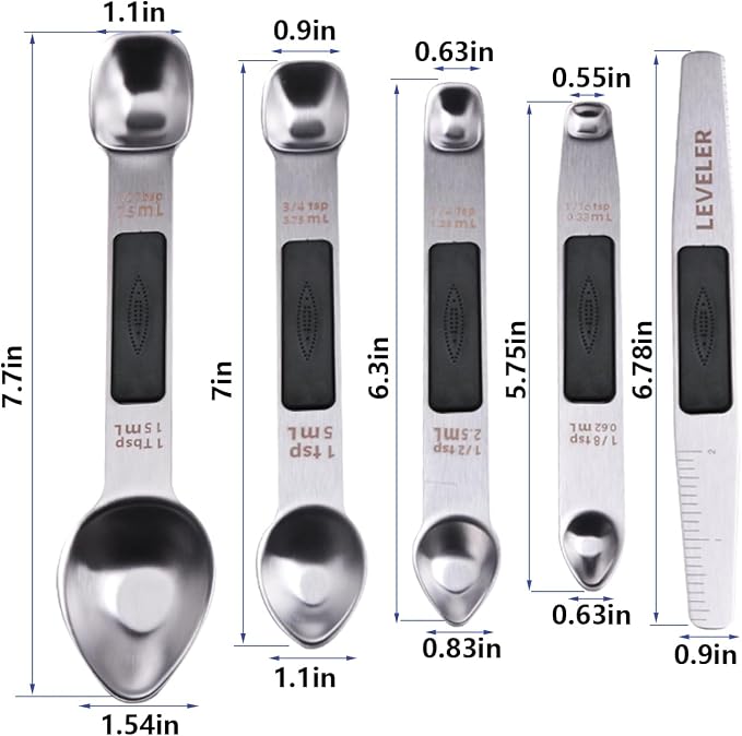 Stainless Steel Magnetic Measuring Spoons Set, Heavy Duty Metal Kitchen Gadgets for Baking & Cooking, Fits in Most Kitchen Spice Jars, Set of 4 with Leveler (Black)
