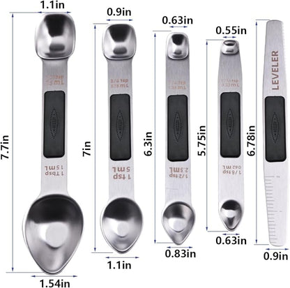 Stainless Steel Magnetic Measuring Spoons Set, Heavy Duty Metal Kitchen Gadgets for Baking & Cooking, Fits in Most Kitchen Spice Jars, Set of 4 with Leveler (Black)