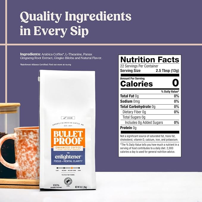 Bulletproof Enlightener Ground Coffee, Enhanced Coffee with L-Theanine, Panax Ginseng and Gingko Biloba, Supports Mental Clarity, Focus, and Memory, Medium-Dark Roast, 10 oz